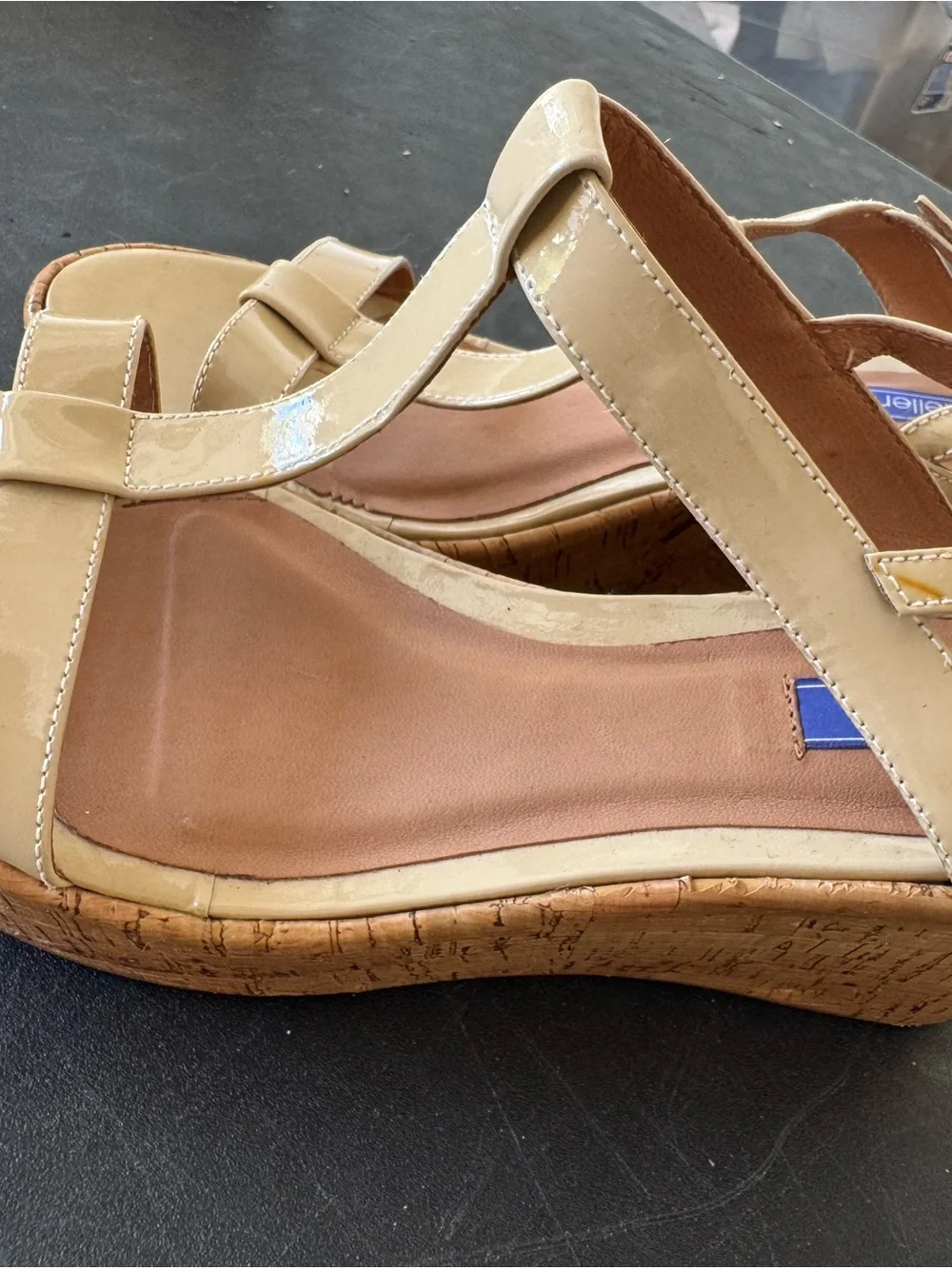 Dee Keller Patent Beige Wedge Sandals - Women's Cork-Style Platform